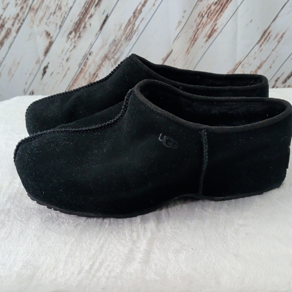UGG Clog Cottage Black Suede Platform Wool Lined Slip-on Mule 1143834 - Picture 8 of 9